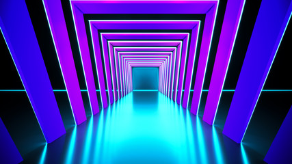 Modern Futuristic neon light  ,with blackground,and concrete floor,ultraviolet  concept,3d render