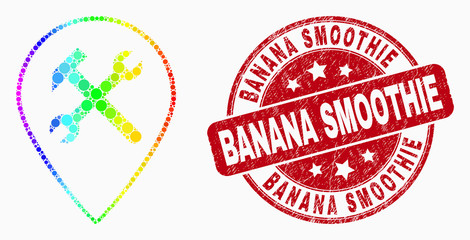 Dot bright spectral service map pointer mosaic pictogram and Banana Smoothie watermark. Red vector rounded textured watermark with Banana Smoothie phrase. Vector combination in flat style.
