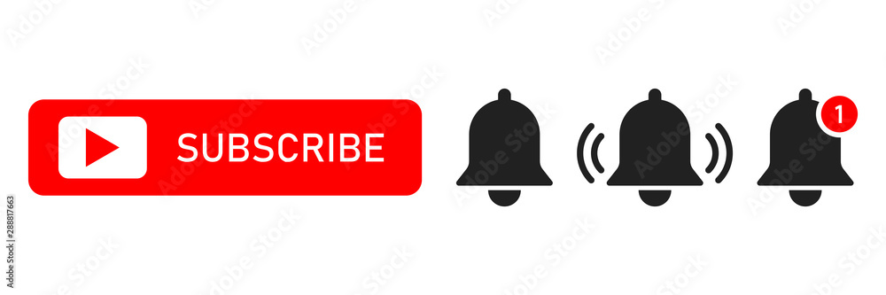 Poster subscribe red button abd notification bells isolated symbols. smartphone social media interface. mes