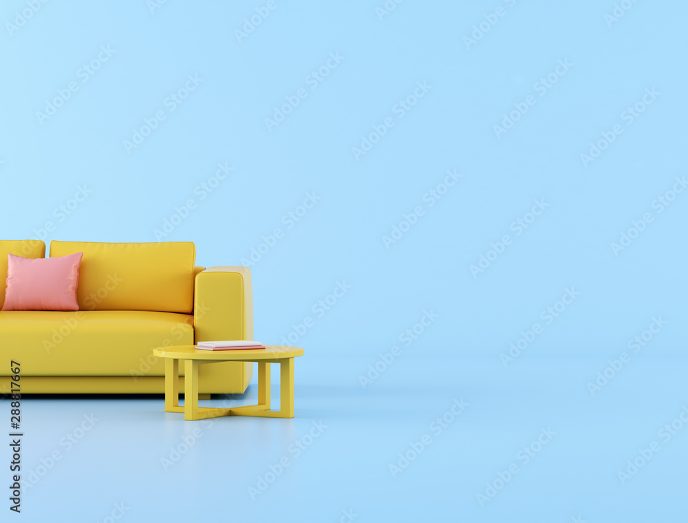 Poster mock up of yellow sofa on blue background,minimal concept, 3d rendering.