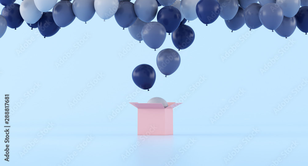 Poster various color of balloons floating out from pink open box,minimal,gift idea, 3d rendering.