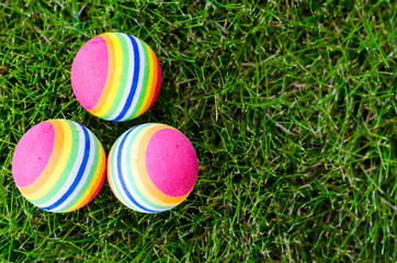 Colored little balls for cats, dogs on green grass.