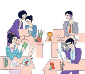 Business people, men and women busy at working place. Professional office workers or managers cartoon vector characters illustration. Partnership and occupation,cooperation. Work day in office and tea