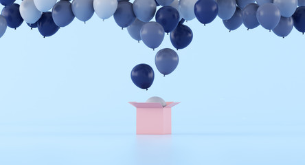 various color of balloons floating out from pink open box,minimal,gift idea, 3D rendering.