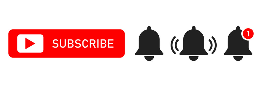 Subscribe red button abd notification bells isolated symbols. Smartphone social media interface. Message bell icon.