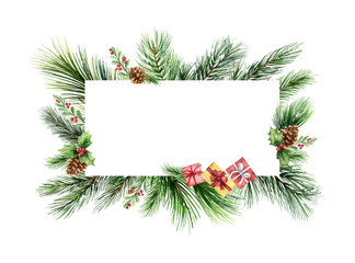 Watercolor vector green spruce frame with cones and gifts, Christmas holiday design.