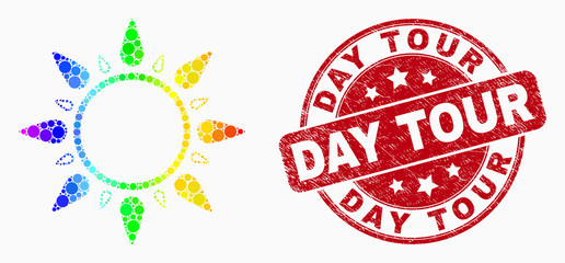 Dotted bright spectral sun mosaic pictogram and Day Tour seal. Red vector rounded grunge stamp with Day Tour title. Vector composition in flat style. Colorful gradiented sun mosaic of randomized dots,