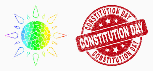 Dotted spectrum sunshine mosaic pictogram and Constitution Day seal. Red vector rounded distress seal stamp with Constitution Day phrase. Vector collage in flat style.