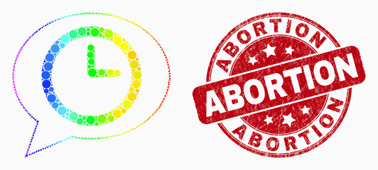 Pixel spectrum time message balloon mosaic pictogram and Abortion seal. Red vector rounded grunge stamp with Abortion title. Vector composition in flat style.