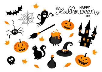 Happy Halloween set. Set of Halloween elements. Hand drawn lettering and illustrations. Vector illustration. Best banner for Halloween party