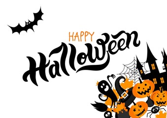 Happy Halloween. Hand drawn lettering and illustration. Vector illustration. Best banner for Halloween party