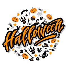 Halloween. Hand drawn lettering and illustration. Vector illustration. Best banner for Halloween party