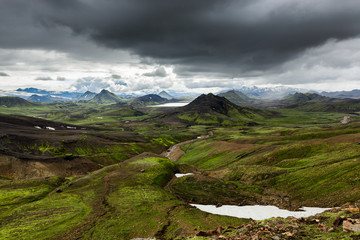 Epic Icelandic Landscape. Green hills in Landmannalaugar National Park. Trekking in Iceland.