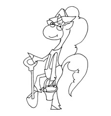 Coloring book for kids - unicorn is wearing glasses with a shovel and a bucket in his hands, is going to dig.. Black and white cute cartoon unicorns. Vector illustration.	