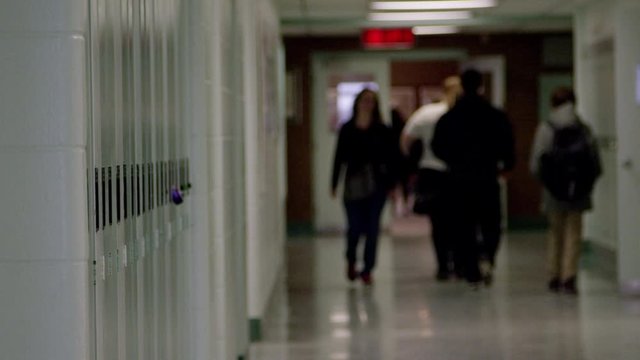 Empty school hallway slow motion cinematic