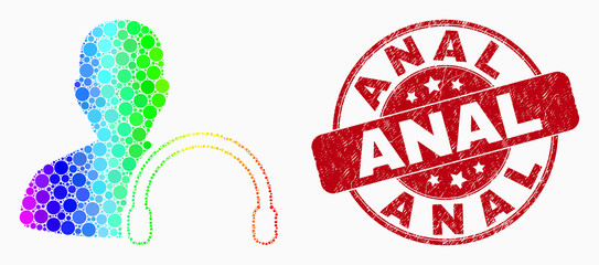 Dotted rainbow gradiented user headphones mosaic pictogram and Anal seal stamp. Red vector rounded grunge stamp with Anal title. Vector combination in flat style.