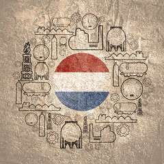 Energy and Power icons set. Design concept of natural gas industry. Circle with industrial line icons. Flag of the Netherlands