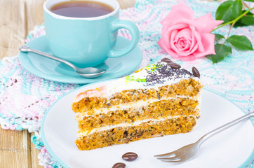Slice of carrot sponge cake with cream