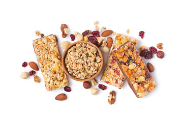 Granola bar with dried cranberries and nuts for healthy nutrition