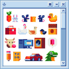 Obraz na płótnie Canvas Different pixel art illustration for video games. Design for logo, poster, sticker and app. Isolated vector. carrot and hare, mouse and cheese, duck, box, chicken and bird, chocolate, cow, computer.