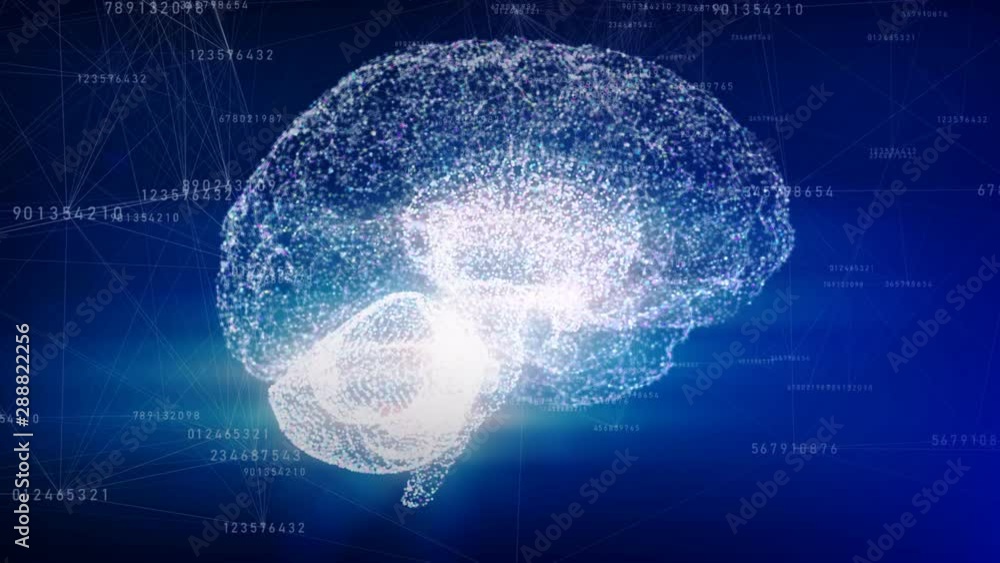 Poster plexus animation with human brain which consists from point and edges in triangles form connected ea