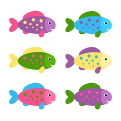 Set of Colorful Fishes. Vector Illustration. Cartoon Style. Decorative Design for Sea Life Illustrations. Posters, Cards, Banners, Fashion