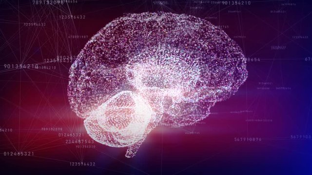 Human brain from triangles, points and faces characterized ai(artificial intelligence) with some digital numbers connected each other by lines nearby.