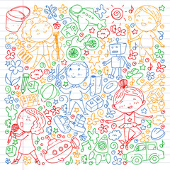 Fototapeta premium Painted by hand style pattern on the theme of childhood. Vector illustration for children design. Colorful drawing by pen on exercise notebook