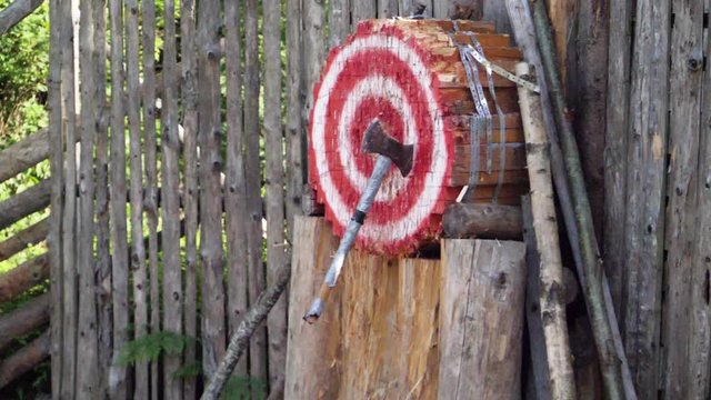 Axe is thrown at a target and hits the mark - concept: aim, goal, target, skill, achievement
