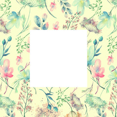 Watercolor pattern, background with a floral pattern. Beautiful vintage drawings of plants, flowers,willow branch, berry for your design. botanical illustration. Floral background, frame.