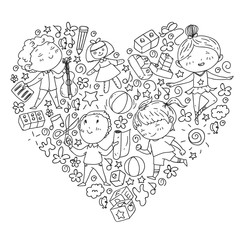 Painted by hand style pattern on the theme of childhood. Vector illustration for children design.Drawing by black pen on notebook.