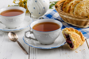 cup of tea in a beautiful cup for breakfast at home