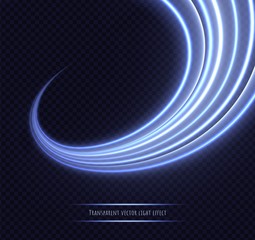 Blue neon twirl light effect isolated on transparent background. Dynamic slow shutter speed effect. Abstract luminescent lines vector illustration.