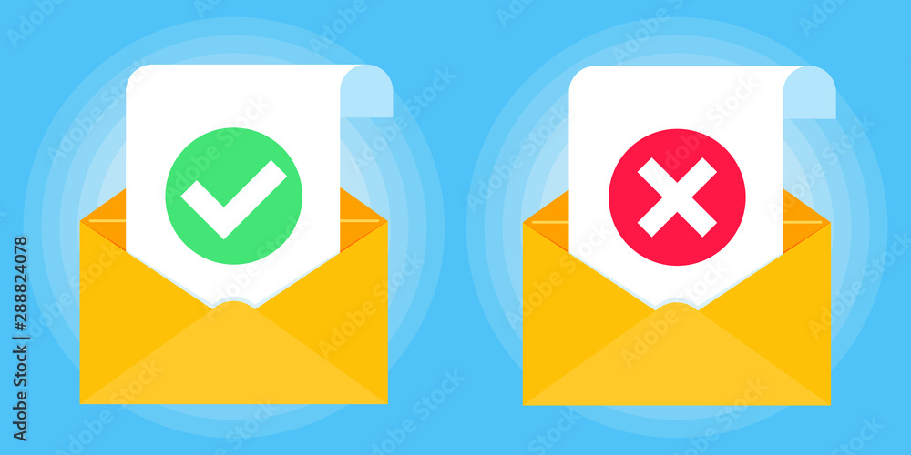 Poster open envelope with document paper sheet page check mark tick ok and cross x icon sign vector illustr