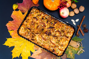 Homemade apple pie with nuts and pumpkin seeds.
