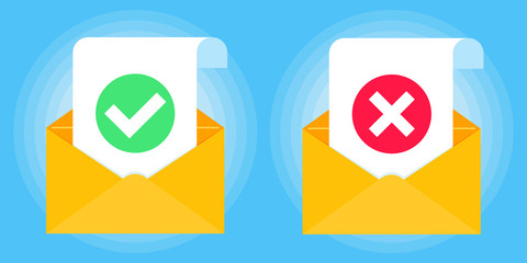 Open envelope with document paper sheet page check mark tick OK and cross X icon sign vector illustration. Symbol of email confirmation, delivery, verification flat design isolated on blue background.