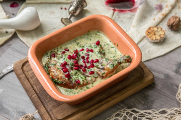 Food Table Celebration Delicious Party Meal Concept. A lot of food on the wooden table: meat, vegetables, desserts, garnishes.  Foodset from Georgian dishes. Caucasian food