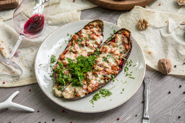 Food Table Celebration Delicious Party Meal Concept. A lot of food on the wooden table: meat, vegetables, desserts, garnishes.  Foodset from Georgian dishes. Caucasian food