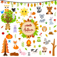 Big autumn set with cute animals