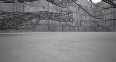 Empty dark abstract concrete smooth interior with wires . Architectural background. 3D illustration and rendering