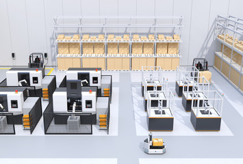 AGV passing robot cell-production units and CNC machines. Smart factory concept. 3D rendering image.