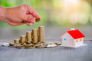 Hold put on the stack coin with growing in the public park, Savings money for buy house and loan to business investment for real estate concept.