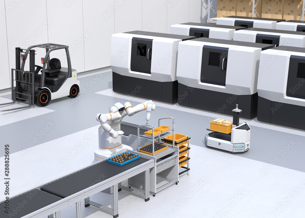 Poster dual-arm robot assembly motor coils in cell-production space. agv, forklift and cnc machines at back