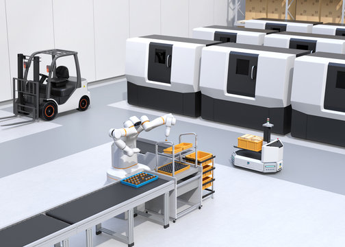 Dual-arm robot assembly motor coils in cell-production space. AGV, forklift and CNC machines at background. Smart factory concept. 3D rendering image.
