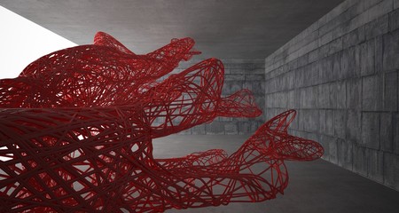 Empty dark abstract concrete smooth interior with red wires. Architectural background. 3D illustration and rendering