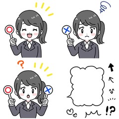 マルバツを示す女性（スーツ）　マルバツクイズ　フキダシ・絵文字　セット