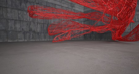 Empty dark abstract concrete smooth interior with red wires. Architectural background. 3D illustration and rendering