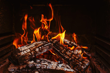 Close-up of fireplace, burning coals in a barbecue oven