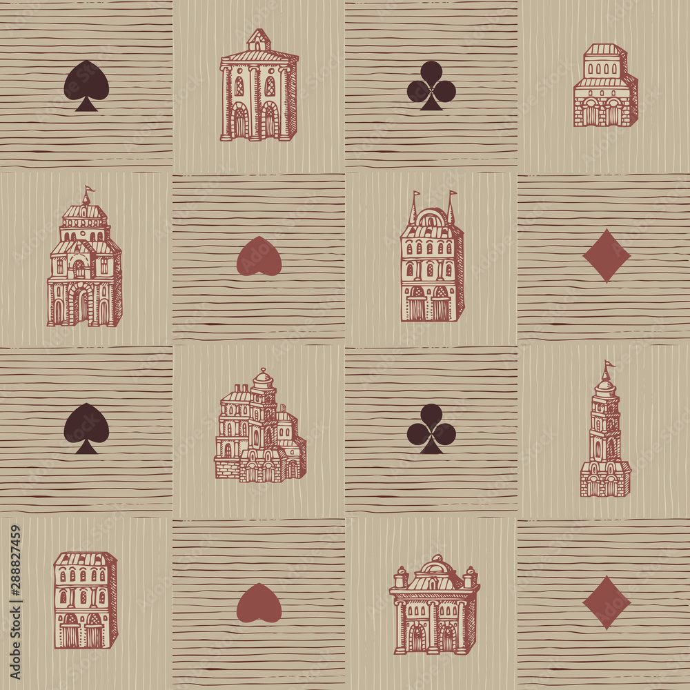 Poster vector seamless pattern with old hand-drawn houses in retro style. repeatable background with old st