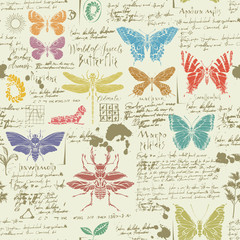 Naklejki  Wektor bez szwu abstrakcyjny wzór z owadami. Kolorowe motyle, chrząszcze, plamy atramentu, szkice i notatki na tle starego rękopisu. Nadaje się do tapet, papieru do pakowania, tekstyliów, tkanin